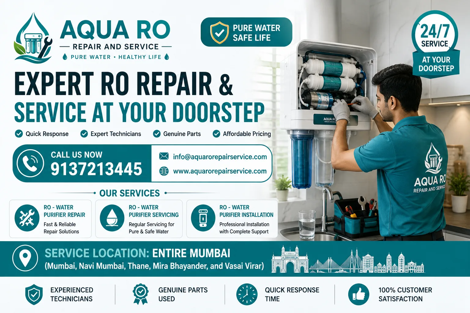 Aqua RO Repair And Service technician servicing a water purifier
