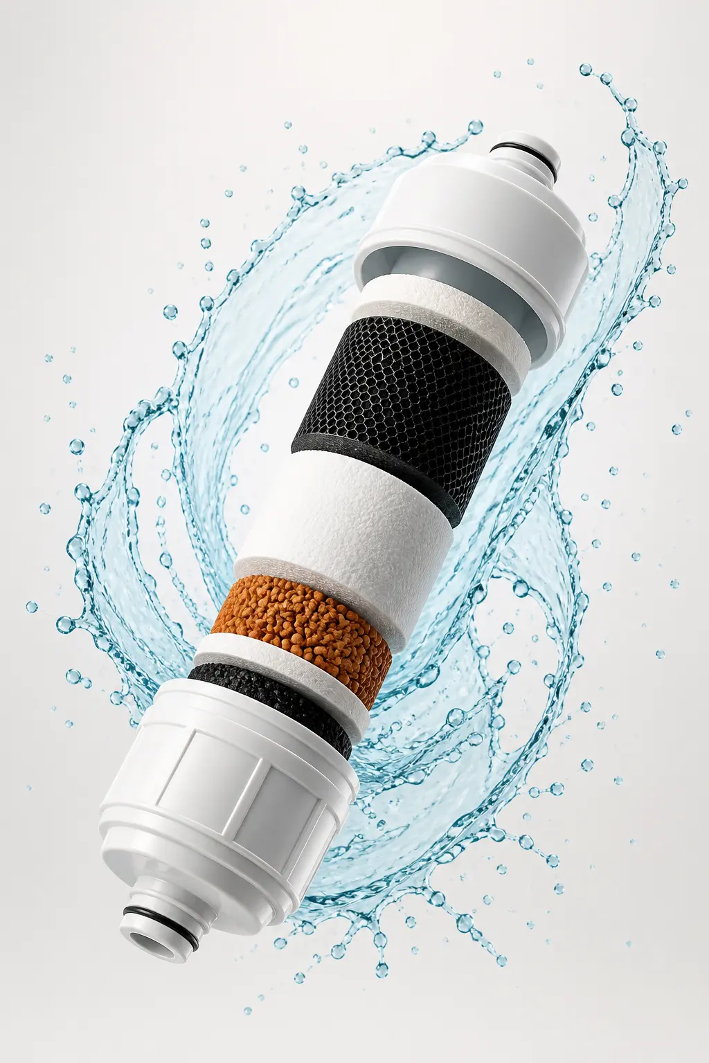 RO filter cartridge with filtration layers and water splash