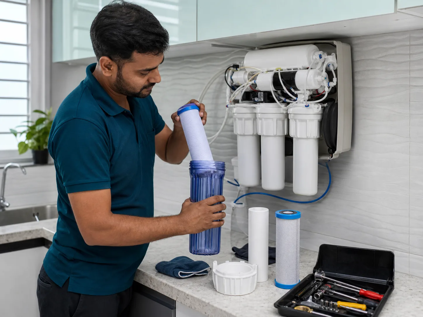 RO technician servicing a purifier