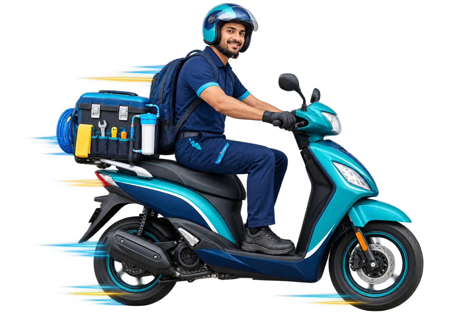 Aqua RO service technician travelling by scooter with RO service tools